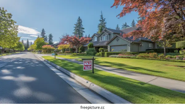 A suburban street with a sold sign in front of a house