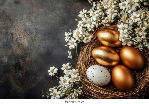 Golden Easter Eggs Nestled in Flowers
