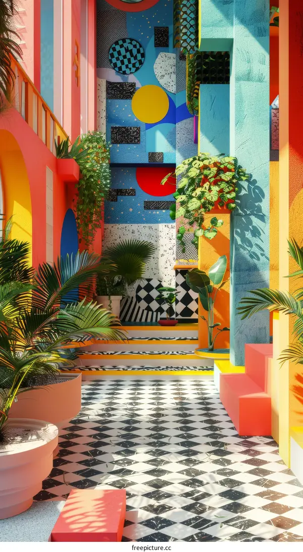 Colorful 3D rendering of a room with plants