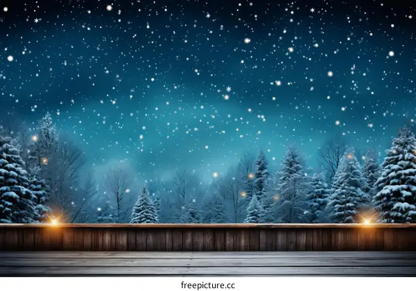 Wooden fence in front of snow-covered pine trees at night