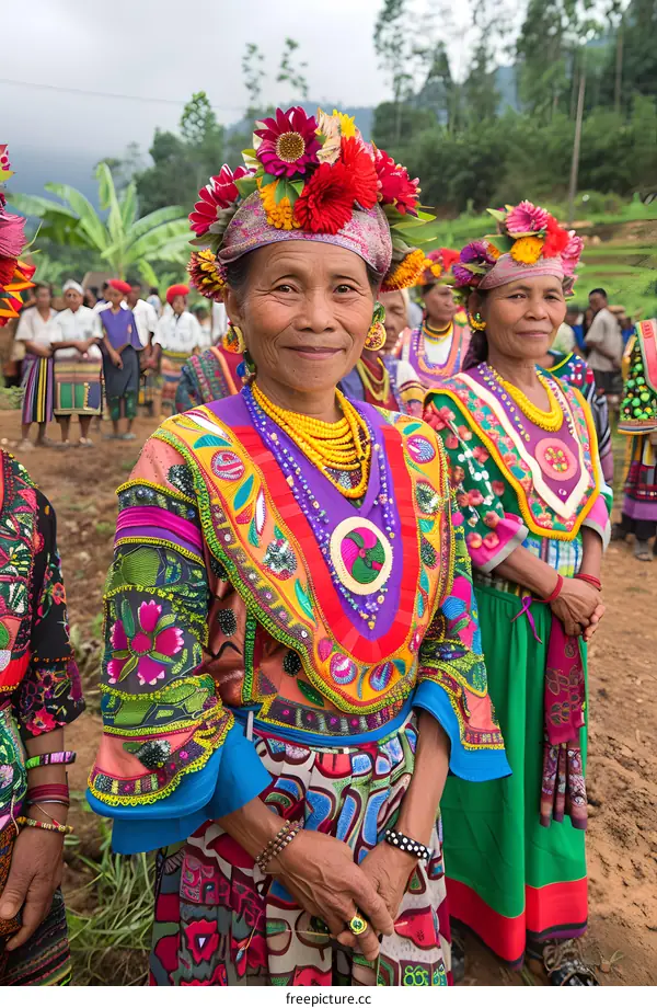Filipino Women Wearing Traditional Colorful Garments And Floral Headwear