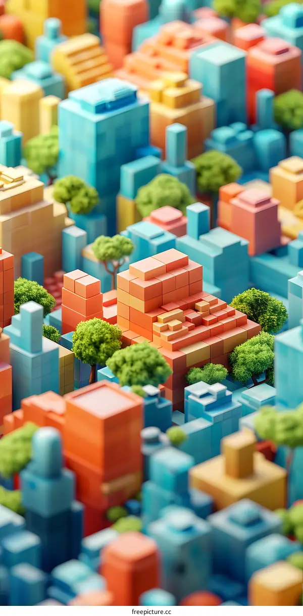 Colorful isometric city with green trees