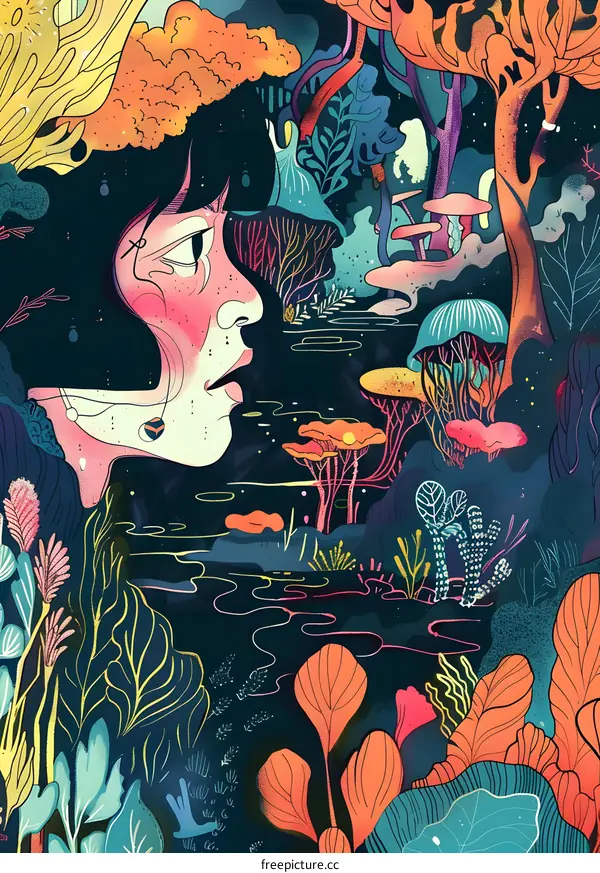 Woman in a Dreamlike Forest Illustration