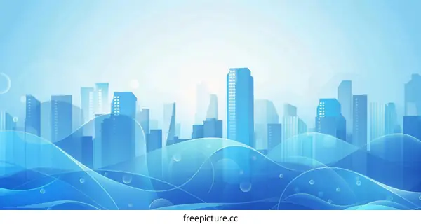 Blue cityscape with waves