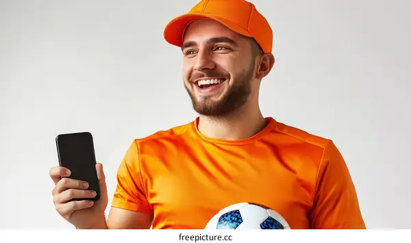 Cheerful Fan with Smartphone and Soccer Ball