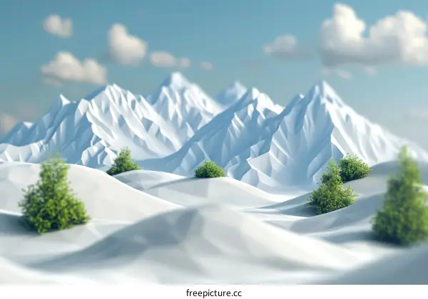 A beautiful winter landscape with snow-capped mountains and evergreen trees