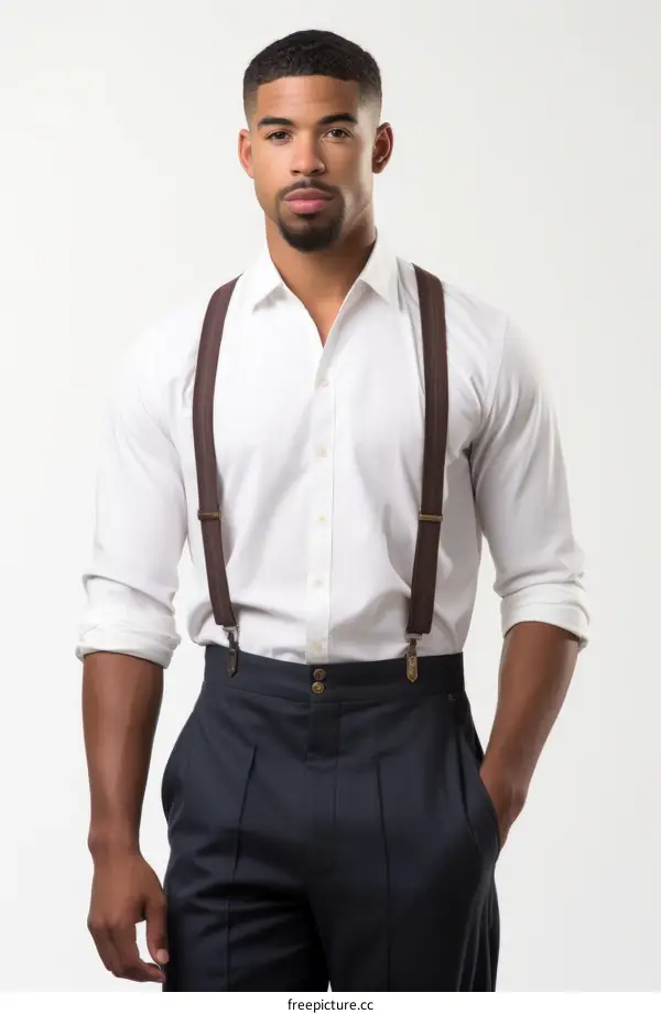 A man wearing a white shirt and brown suspenders
