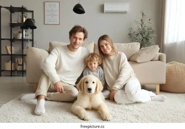 Happy Family with Puppy in Living Room