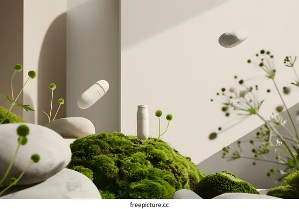White Pill Bottle with Green Moss and Stones