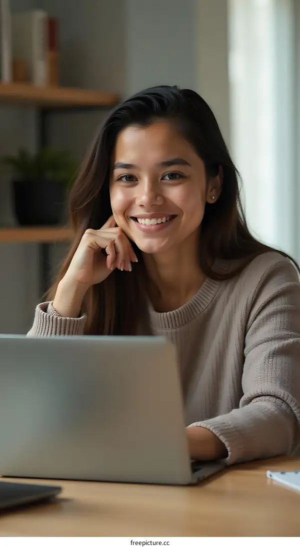Smiling Woman Working on Laptop at Home