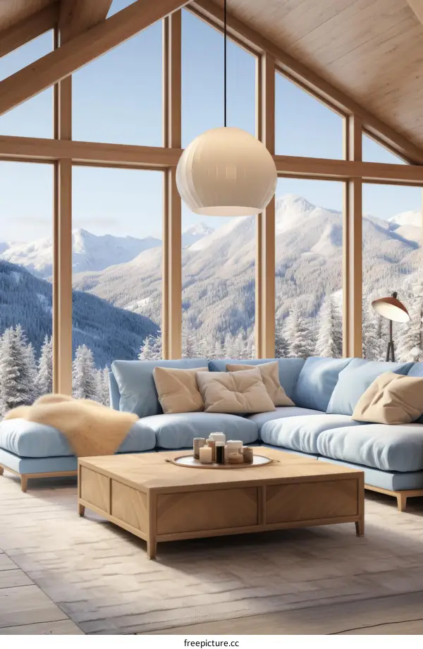 Blue and wood living room interior with snowy mountain views