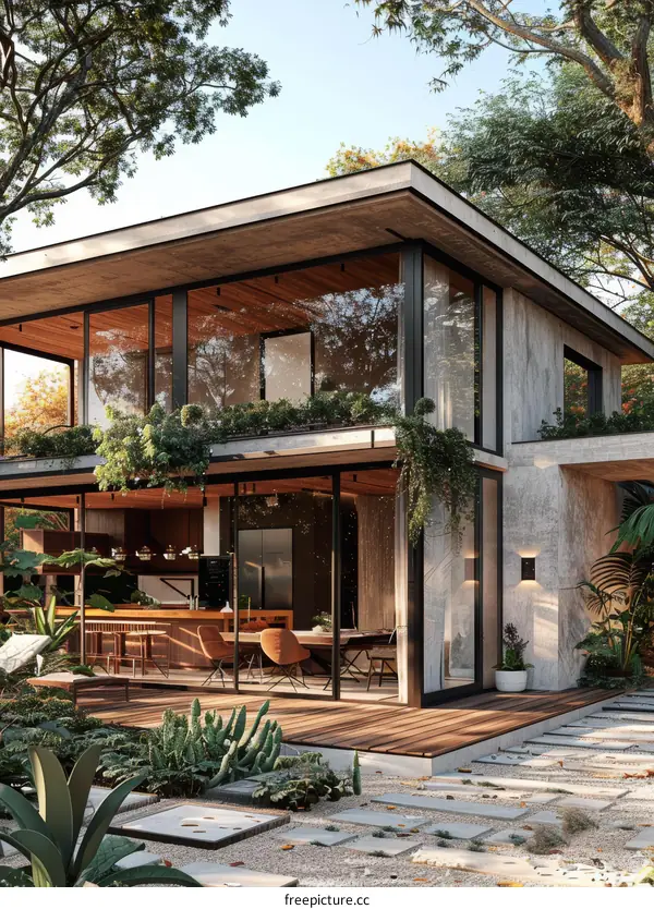 Modern Tropical House with Lush Greenery and Glass Walls
