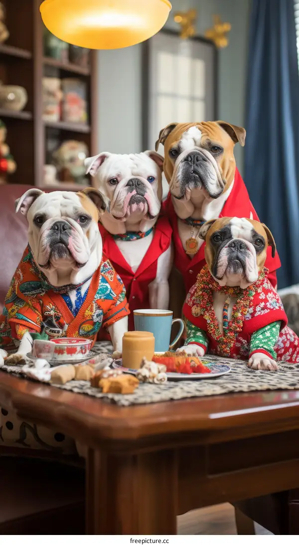 Four Bulldogs Dressed Up For Christmas