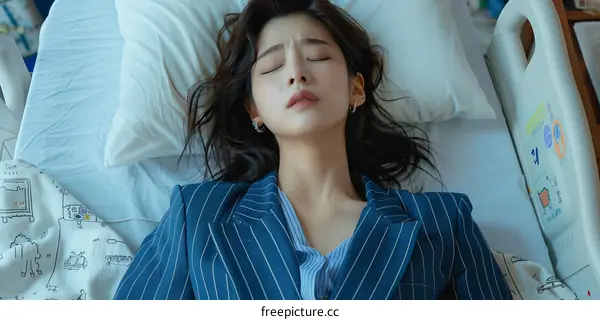 A woman in a hospital bed looks at the camera with tears in her eyes