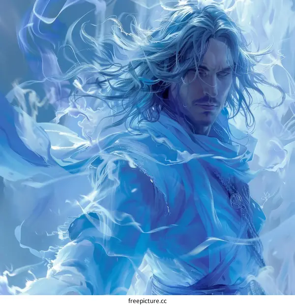 Portrait of a male with long white hair and blue eyes