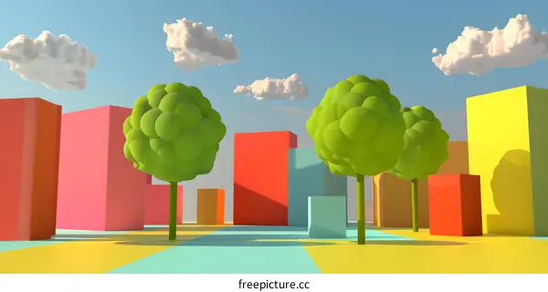 3D Illustration of Minimalist Cityscape with Colorful Buildings and Trees