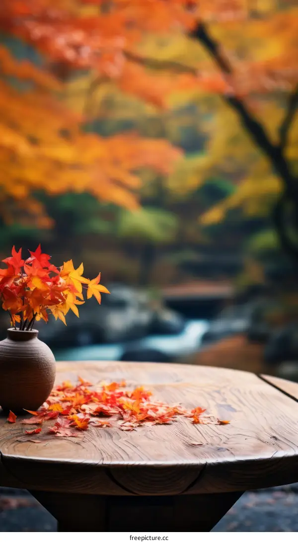 A wooden table with a vase of red maple leaves sits in a beautiful fall forest with a blurred background of a stream.