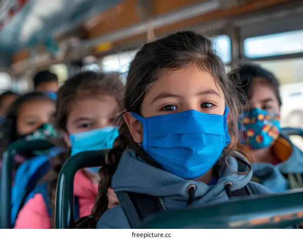 School children wearing masks on a bus