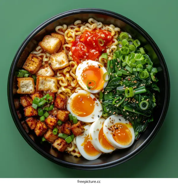 Spicy tofu ramen with soft boiled eggs and vegetables
