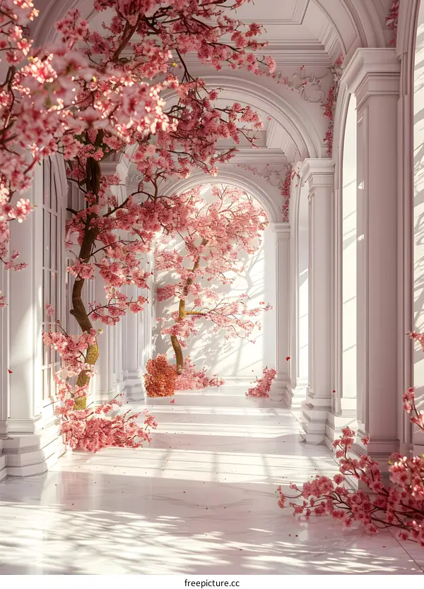 A Long Corridor Lined with Cherry Blossom Trees