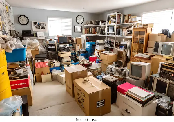 Messy Room Filled with Boxes and Electronics