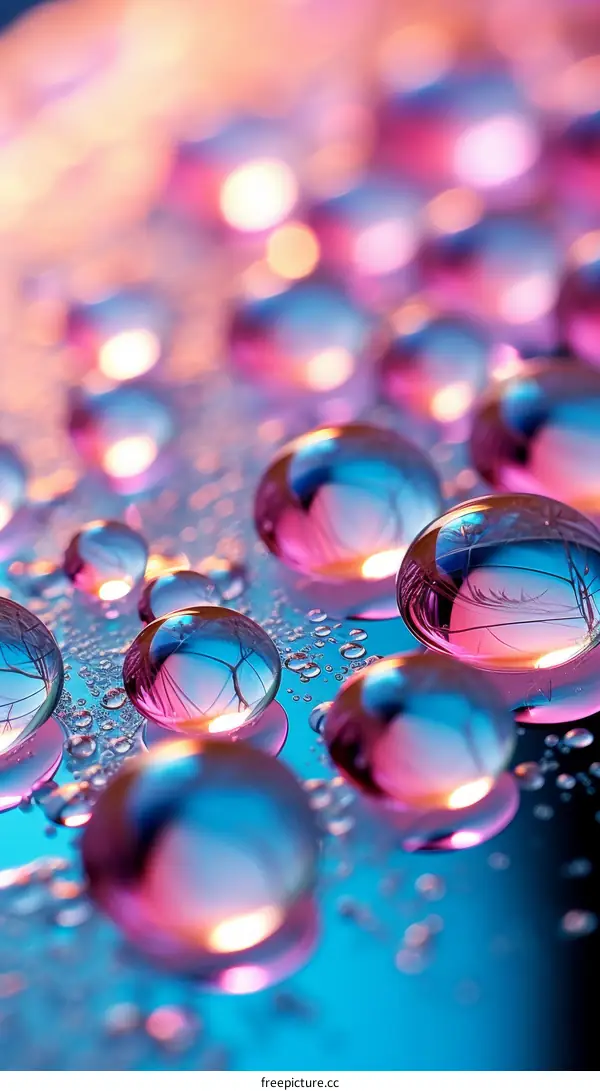 Close-up of water droplets on a reflective surface with a colorful blurred background