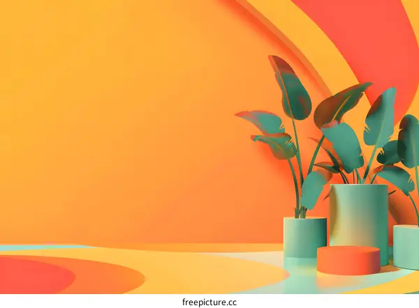 Orange Yellow and Green Abstract Background With Minimalistic Plant