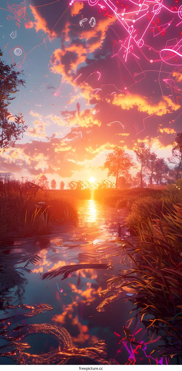 Cyberpunk Sunset Over Water