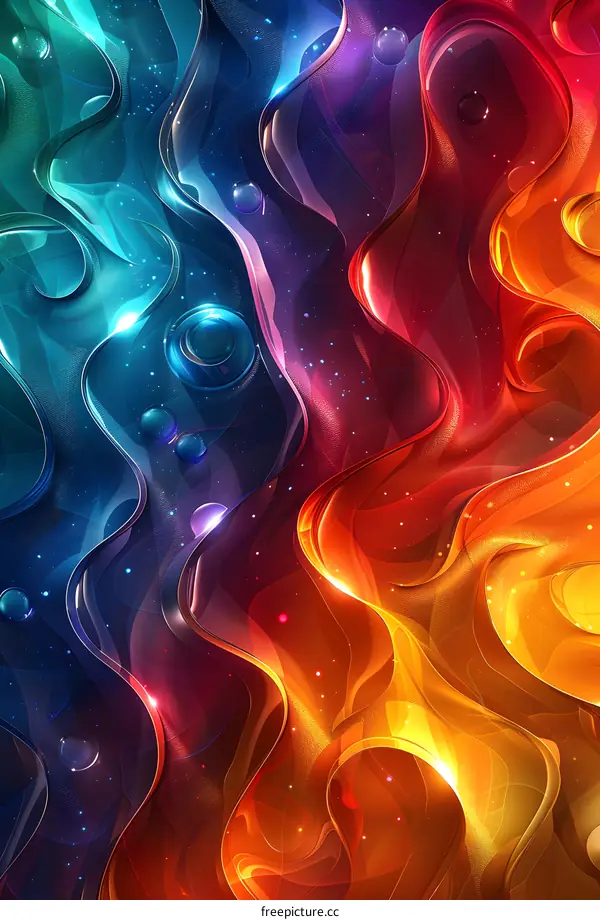 Abstract Liquid Art with Wavy Lines and Bubbles