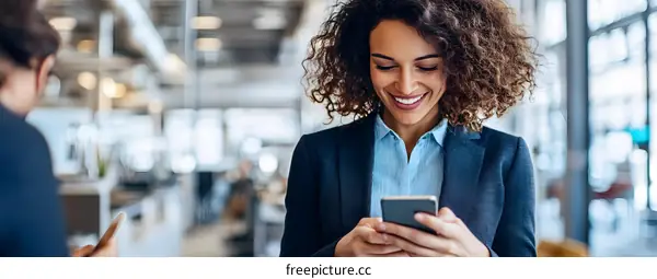 Smiling Businesswoman Using Smartphone In Office