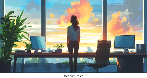 businesswoman looking out the window at sunset