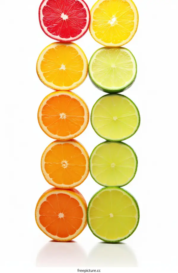 Various citrus fruits including blood orange, orange, and lime
