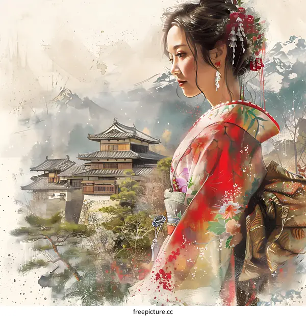 Portrait of a Japanese woman in traditional kimono with red and white plum blossoms and a castle in the background