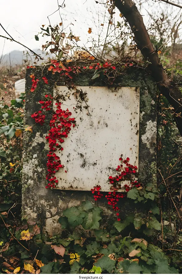 Red Flowers Growing On Old White Sign
