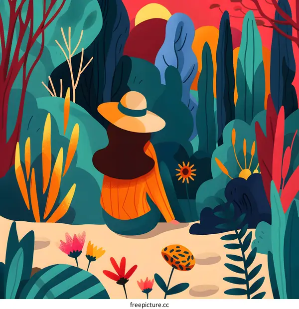 Woman in Hat Sitting in a Forest