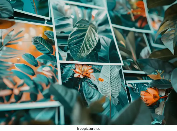 Green Tropical Leaves and Orange Flowers Collage