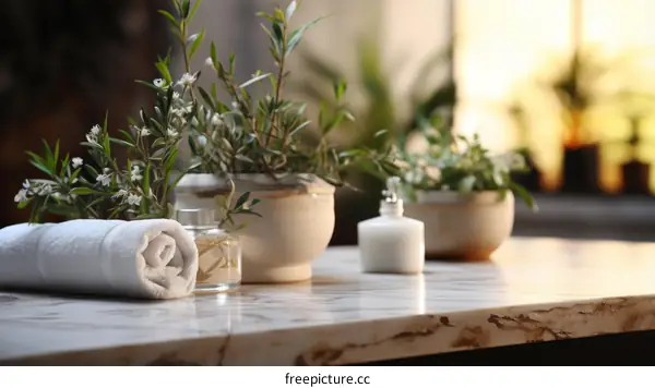 Still life of rolled towel and aromatic plants in pots on marble table