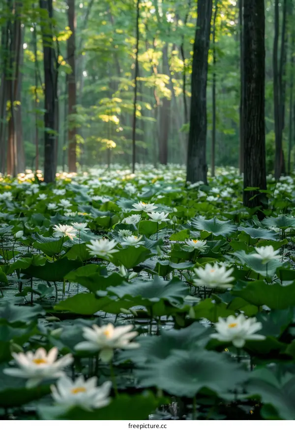 White lotus flowers blooming in a pond surrounded by green leaves and trees