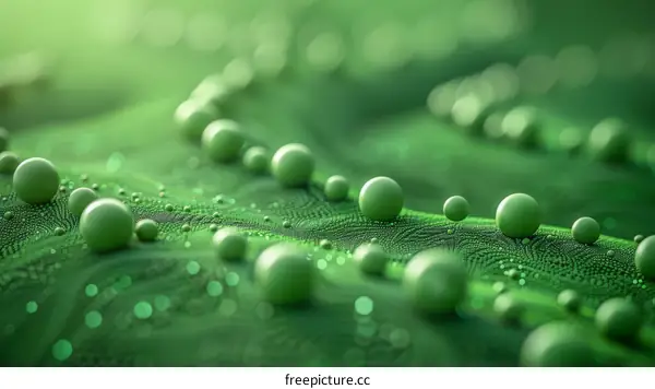 Green spheres on a green surface with a blurred background