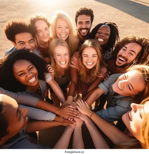 Multiethnic group of friends joining hands in unity and happiness
