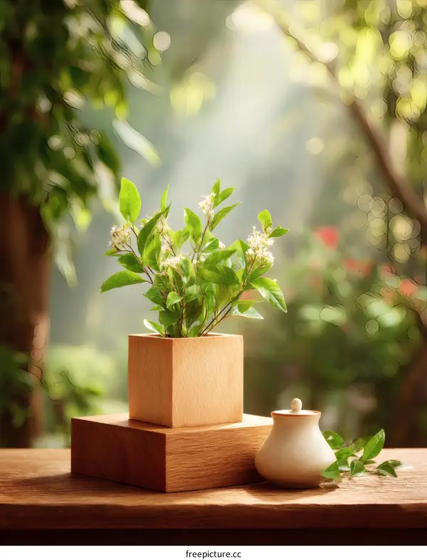 Wooden Planter with Small White Flowers in a Garden Setting