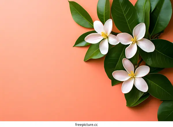 White Flowers and Green Leaves on Pink Background