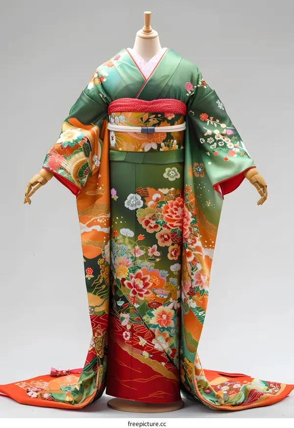 A woman wearing a green kimono with red and orange floral patterns