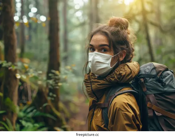 woman hiking in the forest with a mask on
