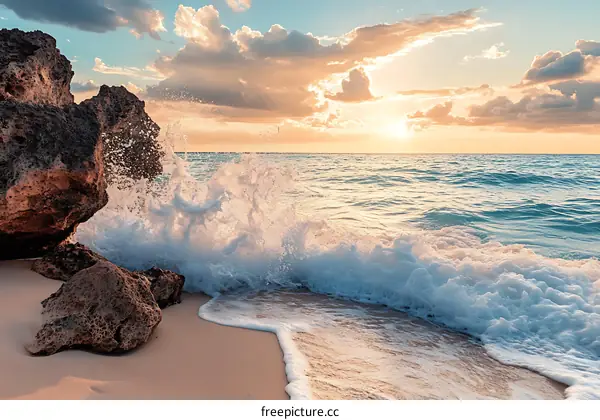 Sunset Beach with Waves Crashing on Rocks