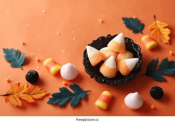 Halloween Candy Corn and Other Treats on Orange Background