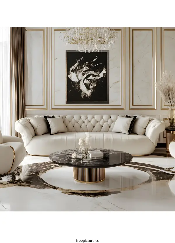 Modern Living Room Interior Design With White Sofa And Black Marble Coffee Table
