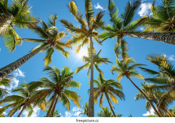 Looking up at the tall coconut trees under the blue sky and sunshine