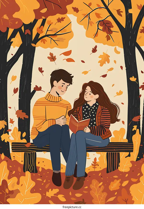 Couple Sitting on a Bench in the Autumn Forest