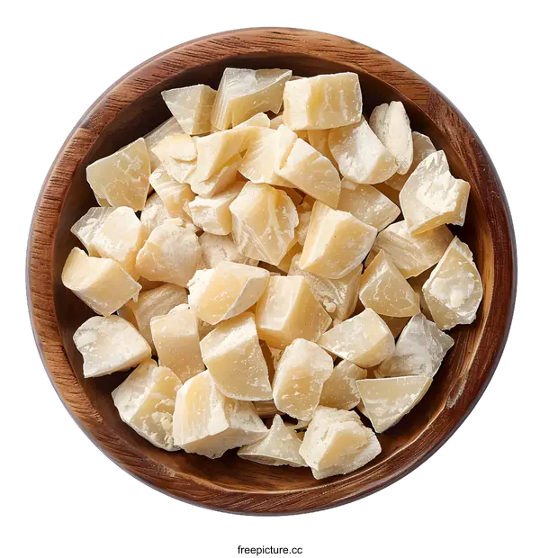 [Transparent Background PNG]Cocoa butter chunks in wooden bowl isolated on white background. Organic cocoa butter. Ingredient for chocolate production.